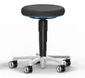 Stool 9463L Labor 2 - H: 450-650 mm - Magic black imitation leather seat - Blue ring - Polished aluminium base - Castors - Ring adjustment handle