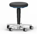 Stool 9F63L Labor - H: 450-650 mm - Magic black imitation leather seat - Blue ring - Polished aluminium base - Castors - Foot-operated height adjustment