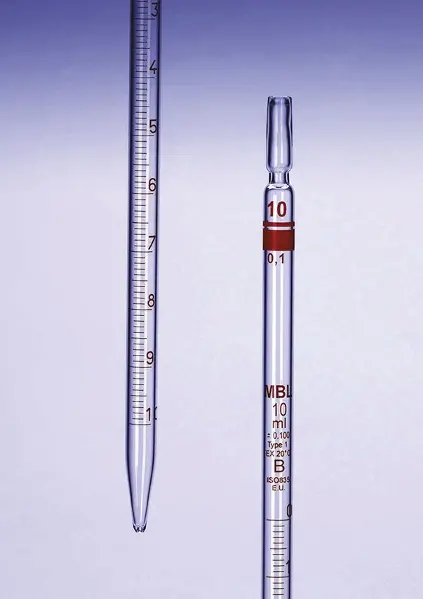 Pipeta graduada B 10 ml - graduación 0,1 ml - tolerancia ± 0,1 - Cero en la punta - flujo total - Equipo de laboratorio